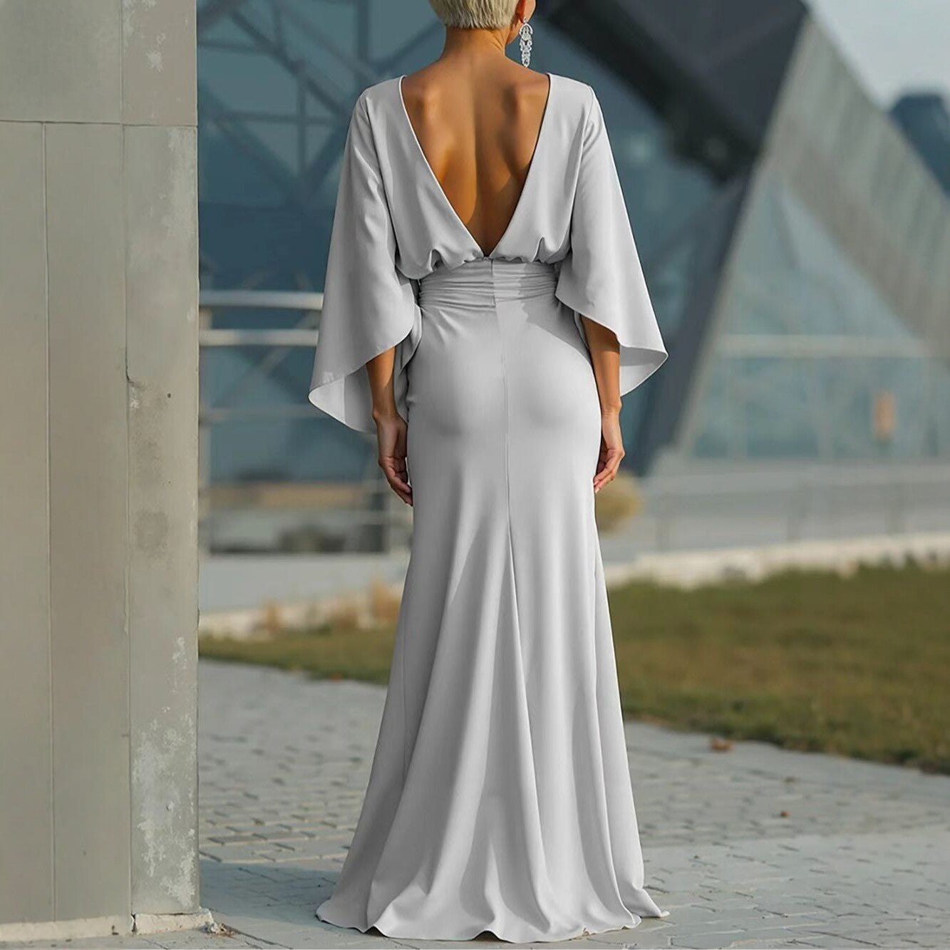 Women's Elegant Backless Pleated Batwing Sleeve Maxi Dress — Silver Me – DRL Fashion