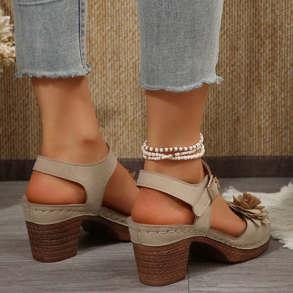 Women's Floral T-Strap Platform Sandals - Chunky Heel Dress Shoes