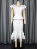 Women's Ruffled Contrast Color Top Temperament Slim Fishtail Skirt Suit