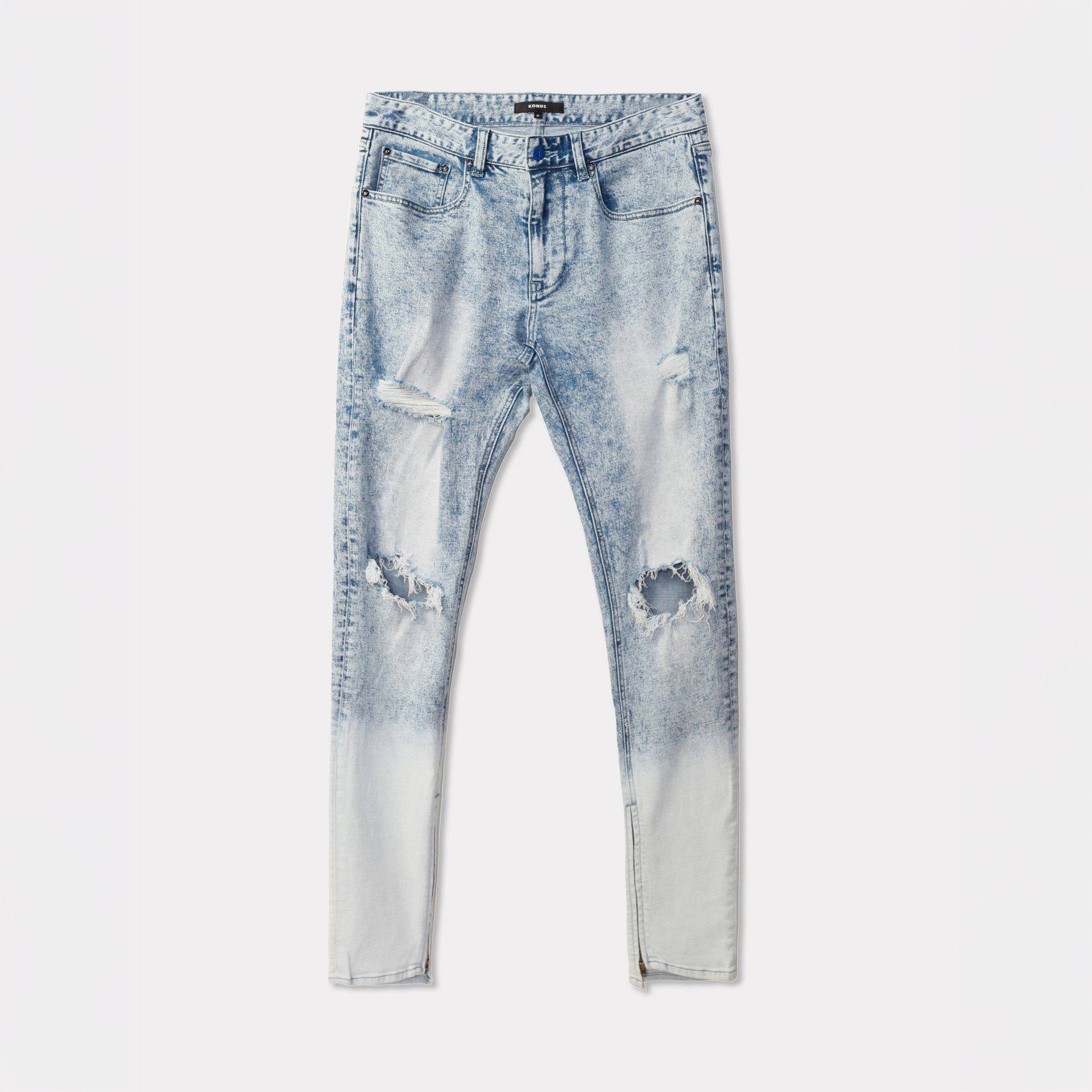 Men's Acid Washed Slim Tapered Jean in Blue - Konus Brand