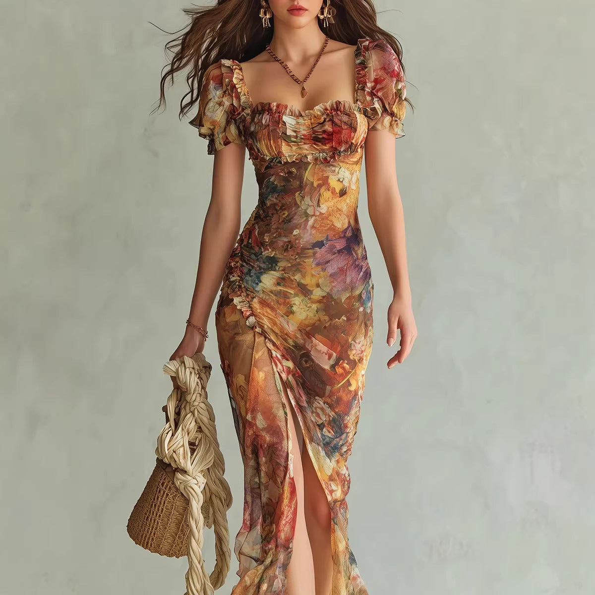 V-Neck Waist-Cinched Ruffle Hem Maxi Dress – Bodycon Long Dress in Ora – DRL Fashion