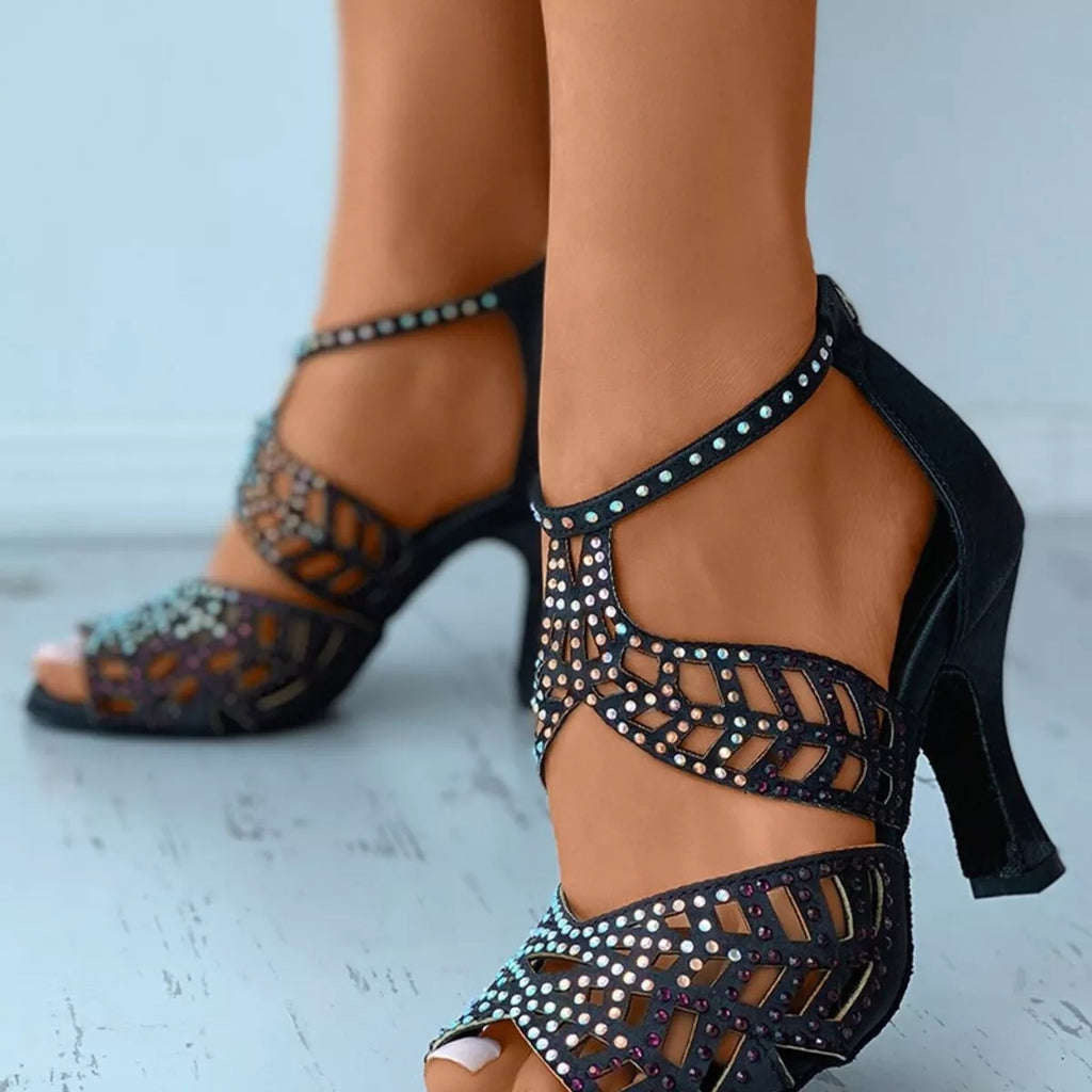 Open Toe Block Heels Black Sandals with Rhinestones