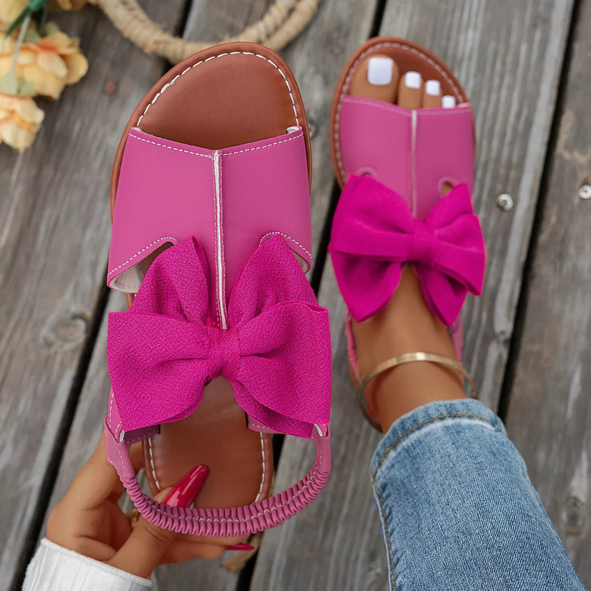 Women's Open Toe Bow Sandals - Cute Casual Flat Sandals