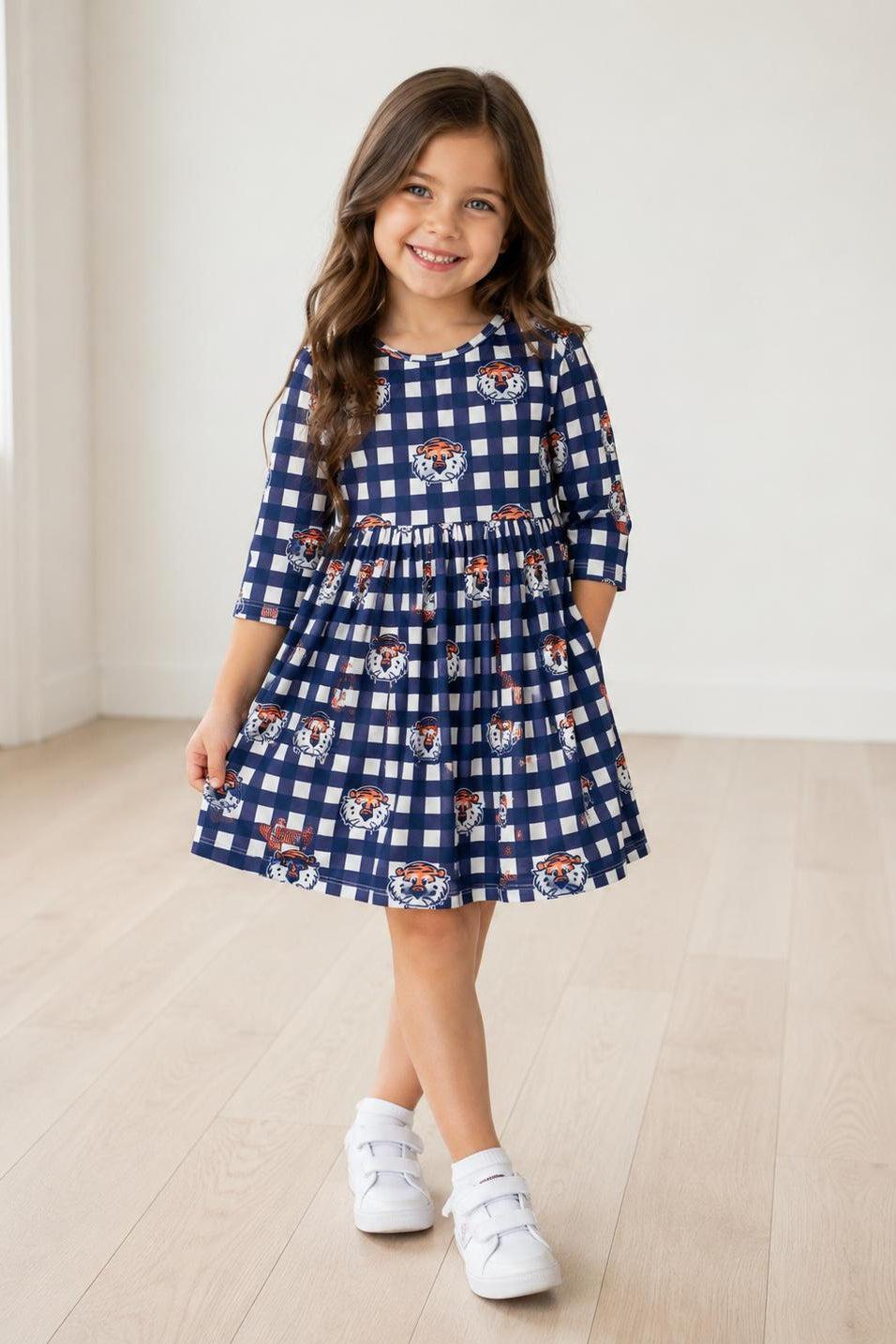 Auburn Plaid Aubie 3/4 Sleeve Pocket Twirl Dress