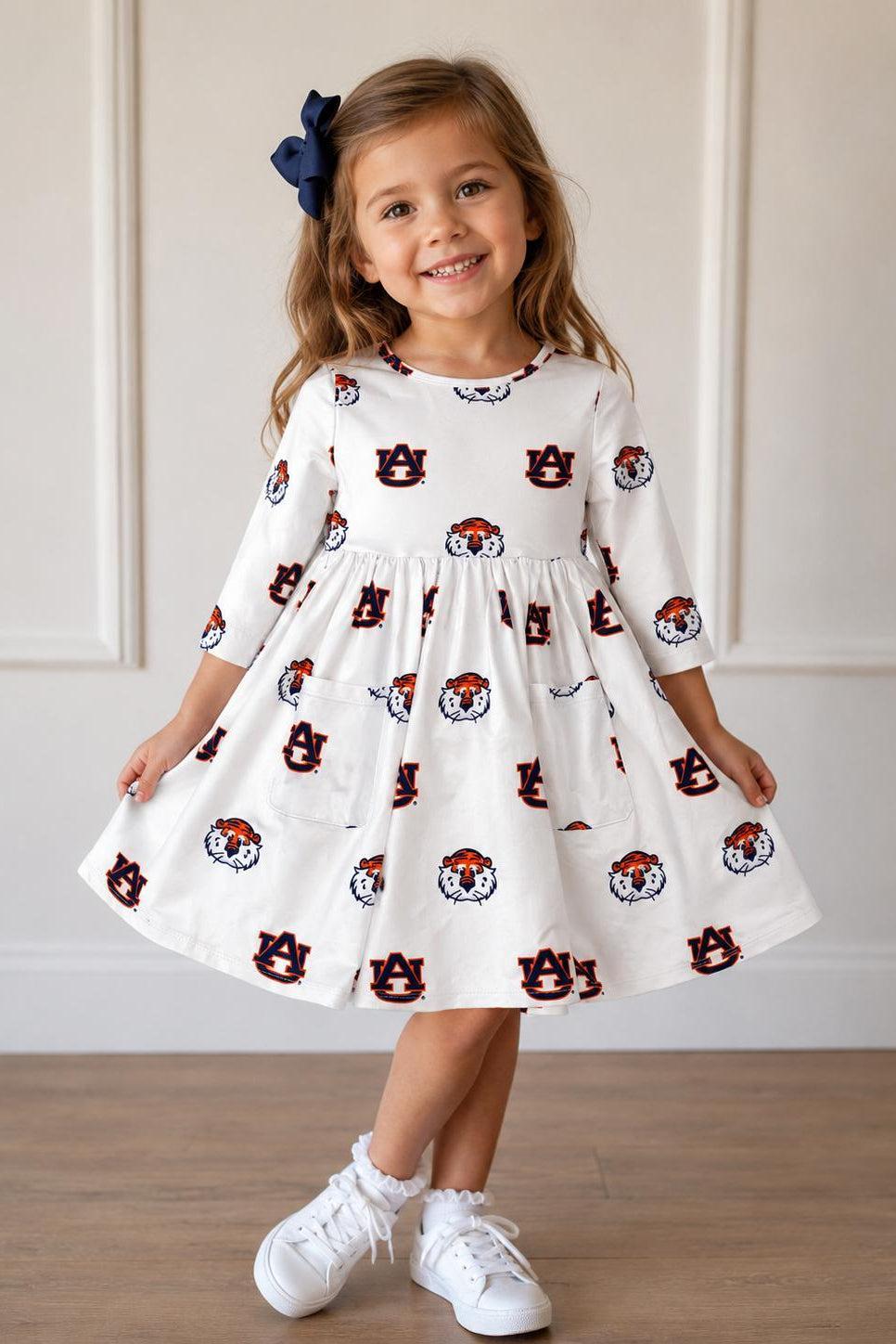 Auburn White Aubie 3/4 Sleeve Pocket Twirl Dress
