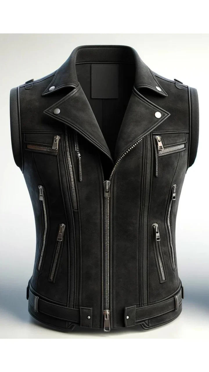 Black Distressed Leather Vest for Women