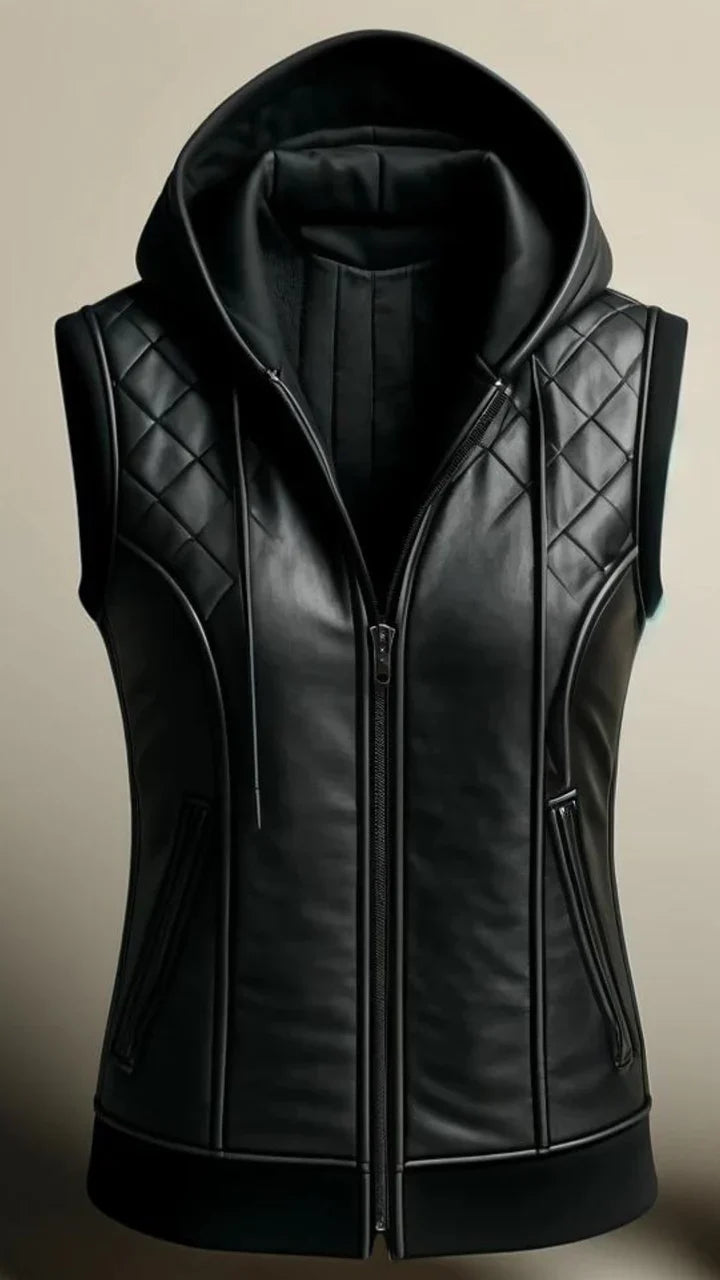 Black Quilted Leather Vest with Hood for Women