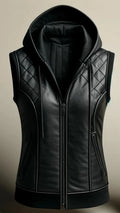 Black Quilted Leather Vest with Hood for Women