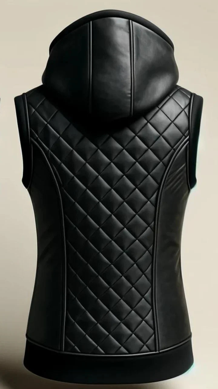 Black Quilted Leather Vest with Hood for Women