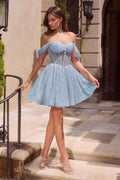 Ladivine CJ420 Off-Shoulder Glitter Tulle Short Dress with Corset Back