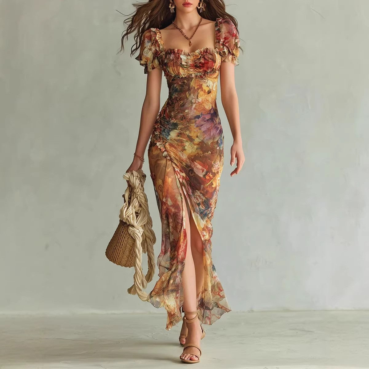 V-Neck Waist-Cinched Ruffle Hem Maxi Dress – Bodycon Long Dress in Ora – DRL Fashion