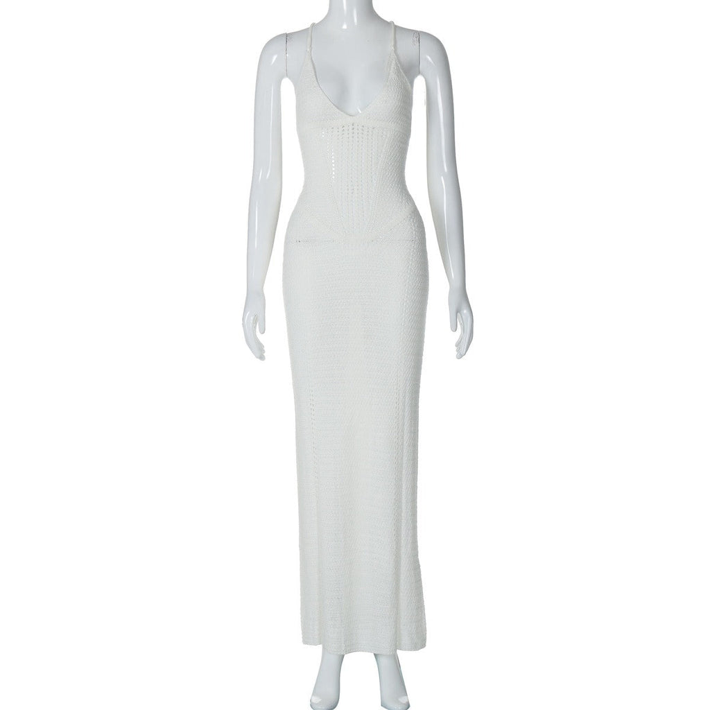 Fashionable and sexy backless strapless hollow knitted dress