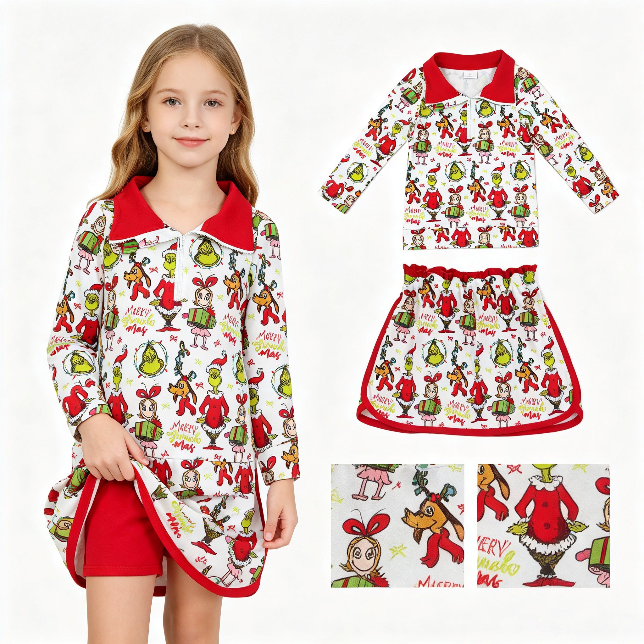 Green face gift pullover skirt girls Christmas outfit