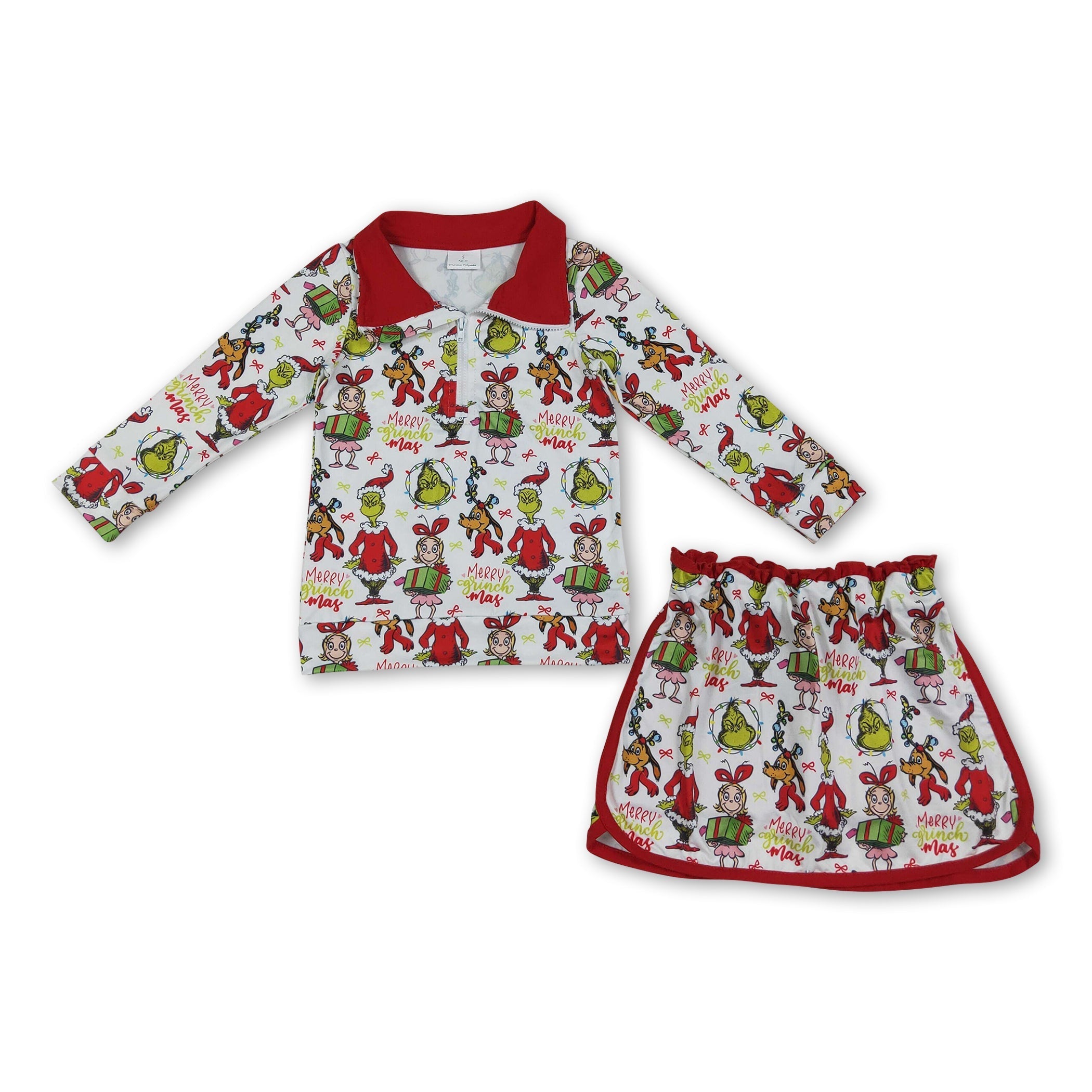 Green face gift pullover skirt girls Christmas outfit