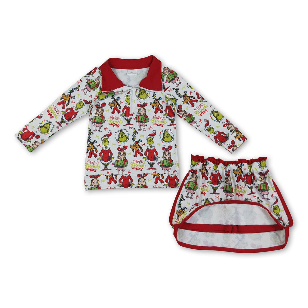 Green face gift pullover skirt girls Christmas outfit