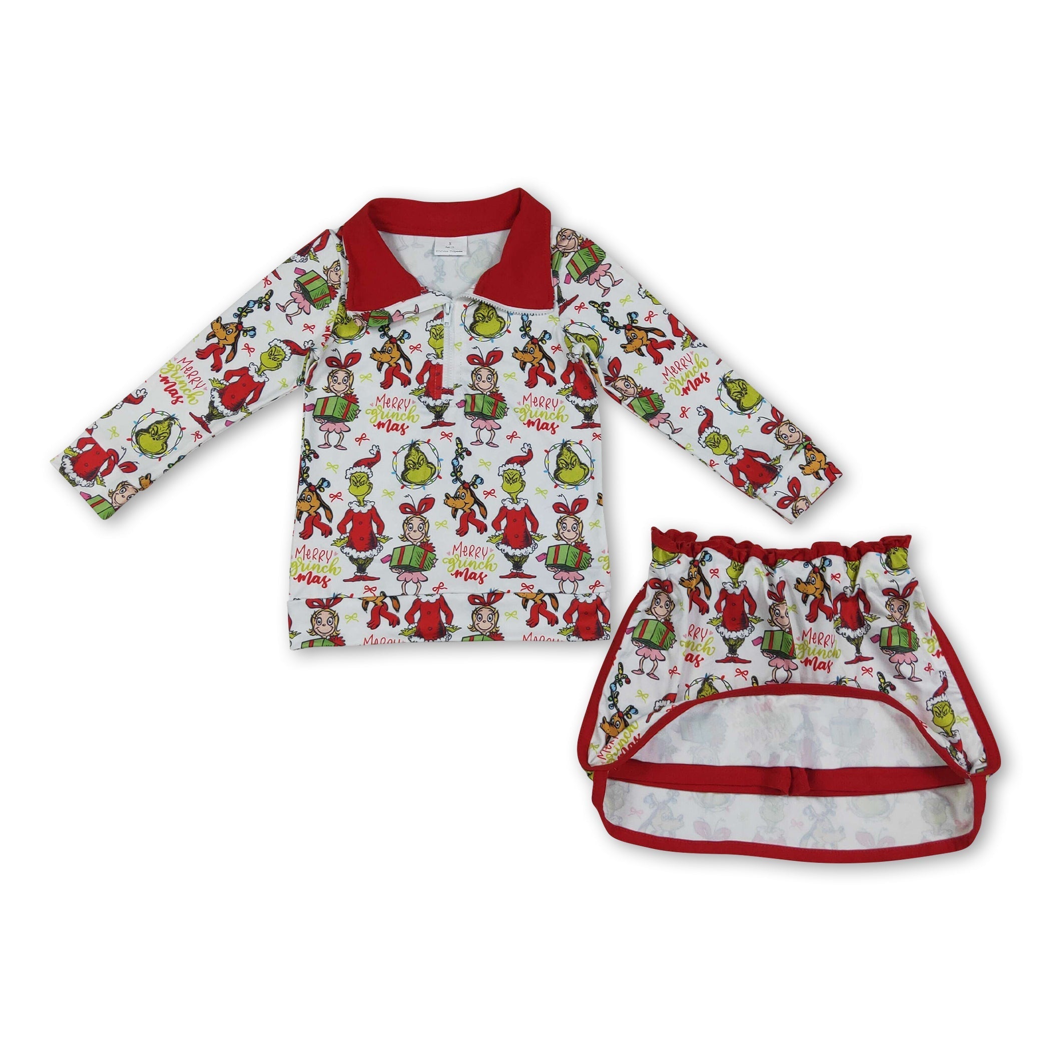 Green face gift pullover skirt girls Christmas outfit