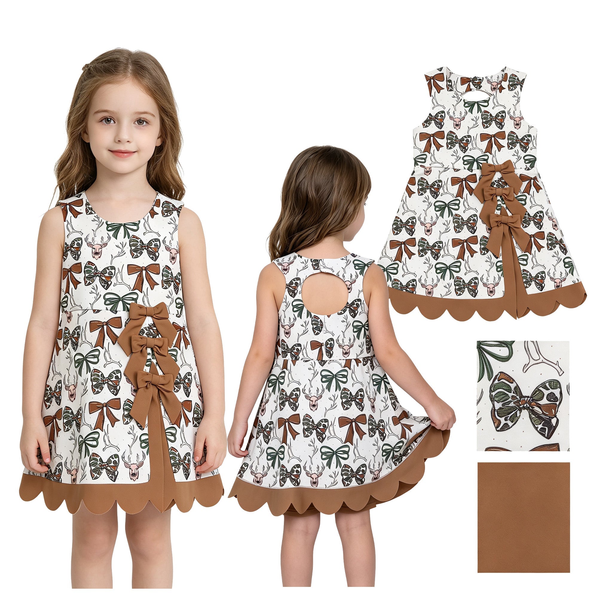 Sleeveless camo bow deer scallop kids girls athletic dress
