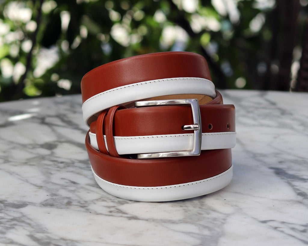 Maurice Two-Tone Calfskin Belt - Tan/White