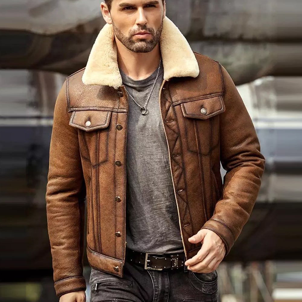 Men’s Brown RAF B3 Sheepskin Trucker Shearling Leather Jacket