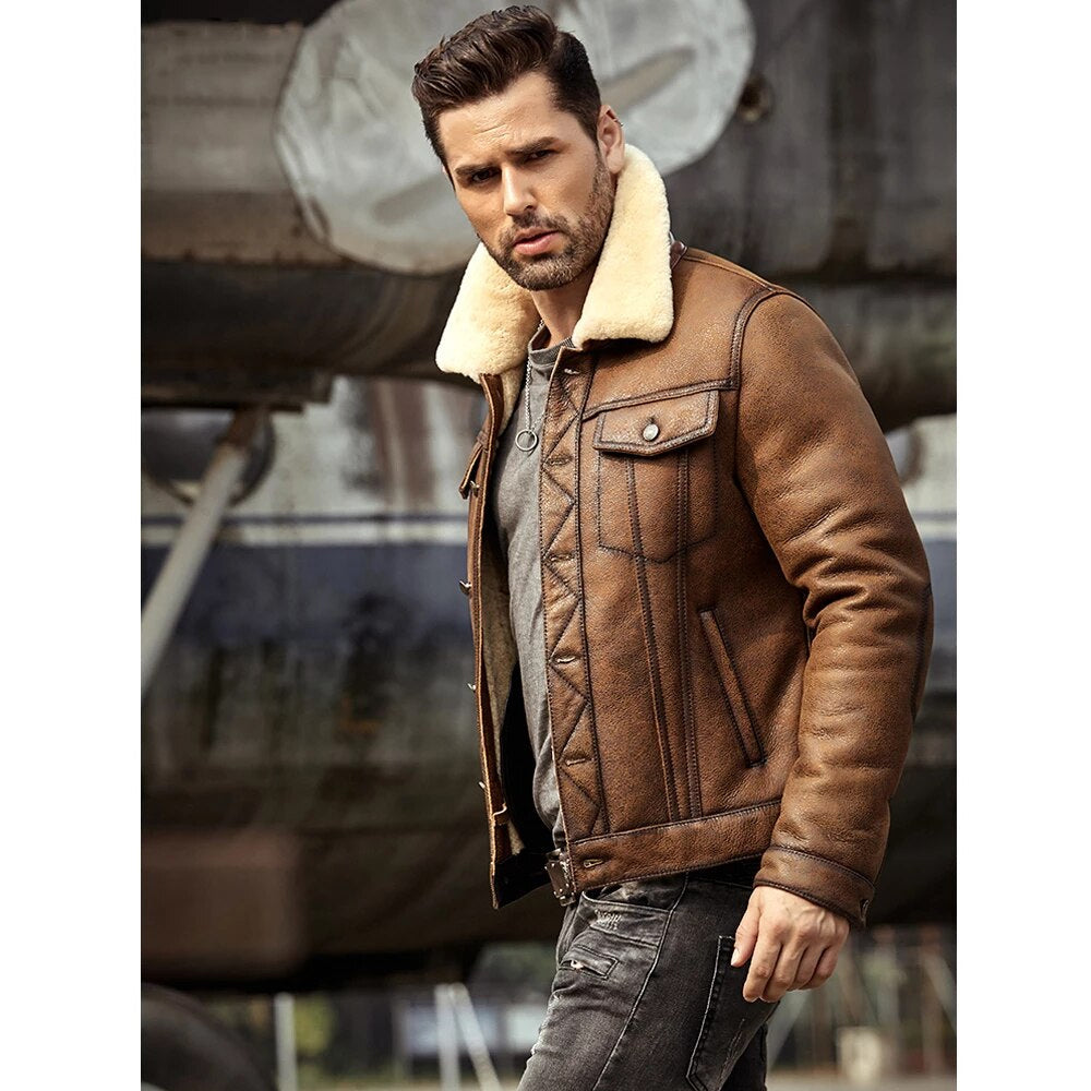 Men’s Brown RAF B3 Sheepskin Trucker Shearling Leather Jacket