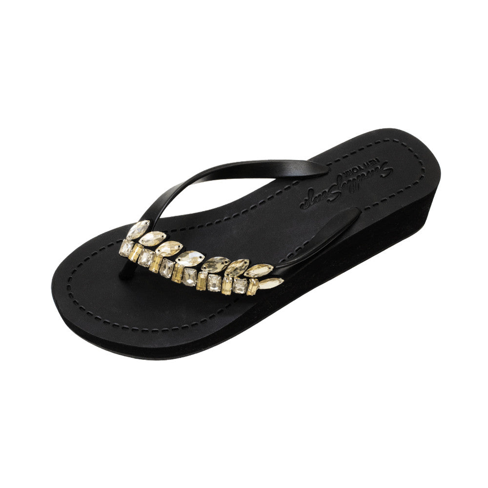 Smith - Gold Leaves Rhinestone Mid Wedge Flip Flops