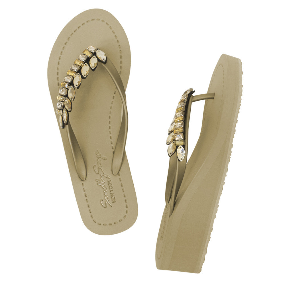 Smith - Gold Leaves Rhinestone Mid Wedge Flip Flops