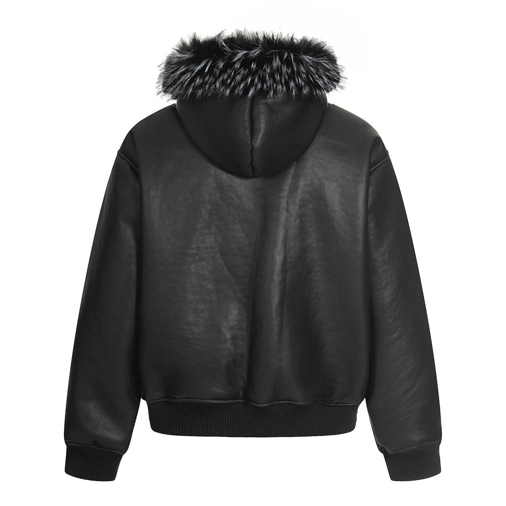 Street Style Men's Cotton Coat with Hood, Fur Collar, Letter Embroidery, Casual Loose Fit Outerwear Jacket