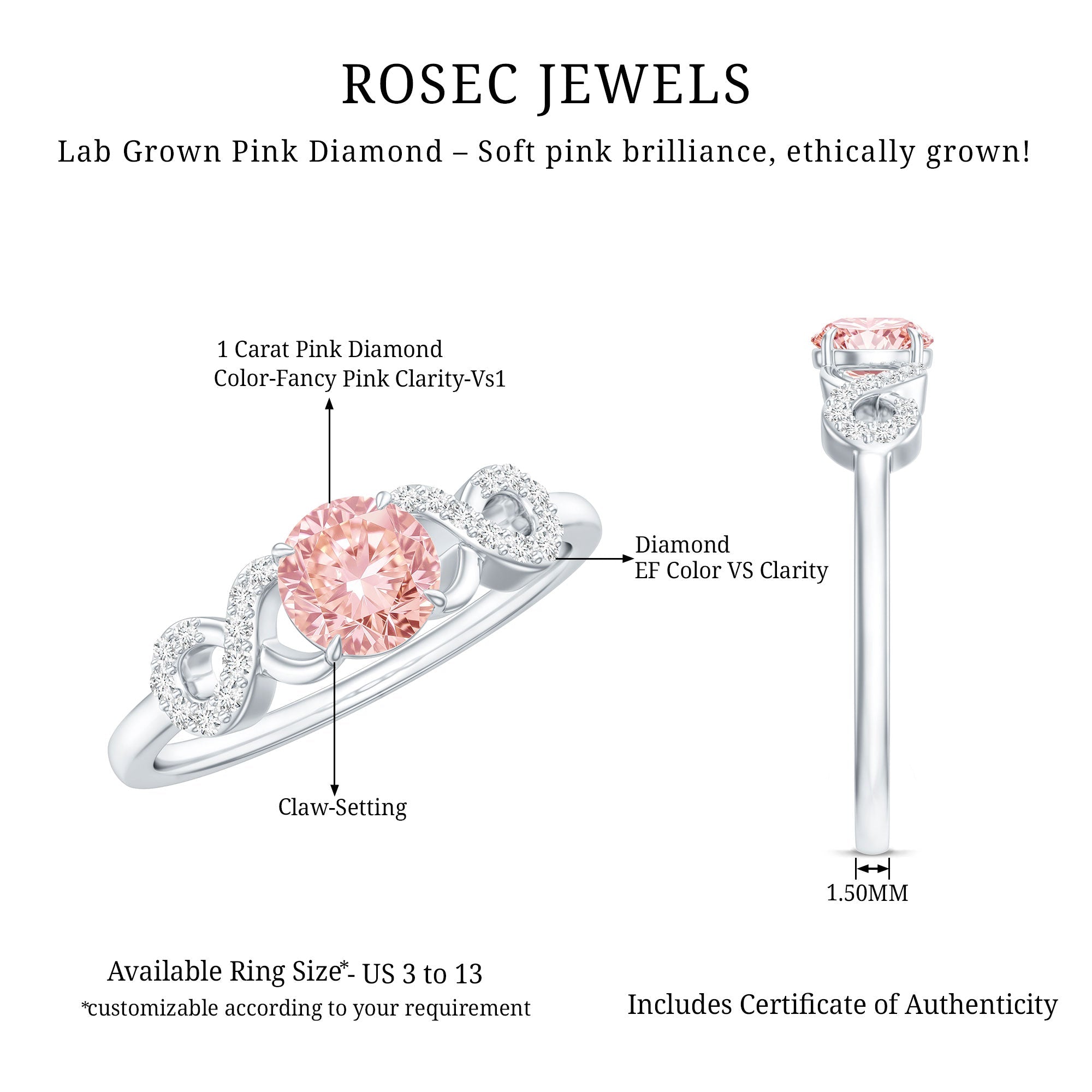 IGI Certified Lab Grown Pink Diamond Infinity Engagement Ring