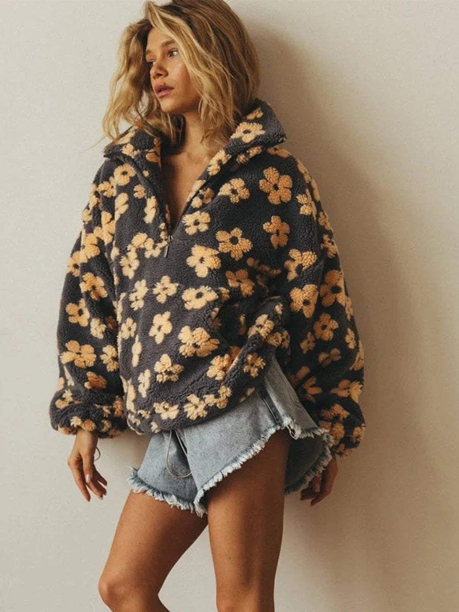 Bornladies New Autumn Winter Women's Sherpa Floral Pullover Hoodies Half Zip Style Loose Fit Warm Stylish Sweatshirt