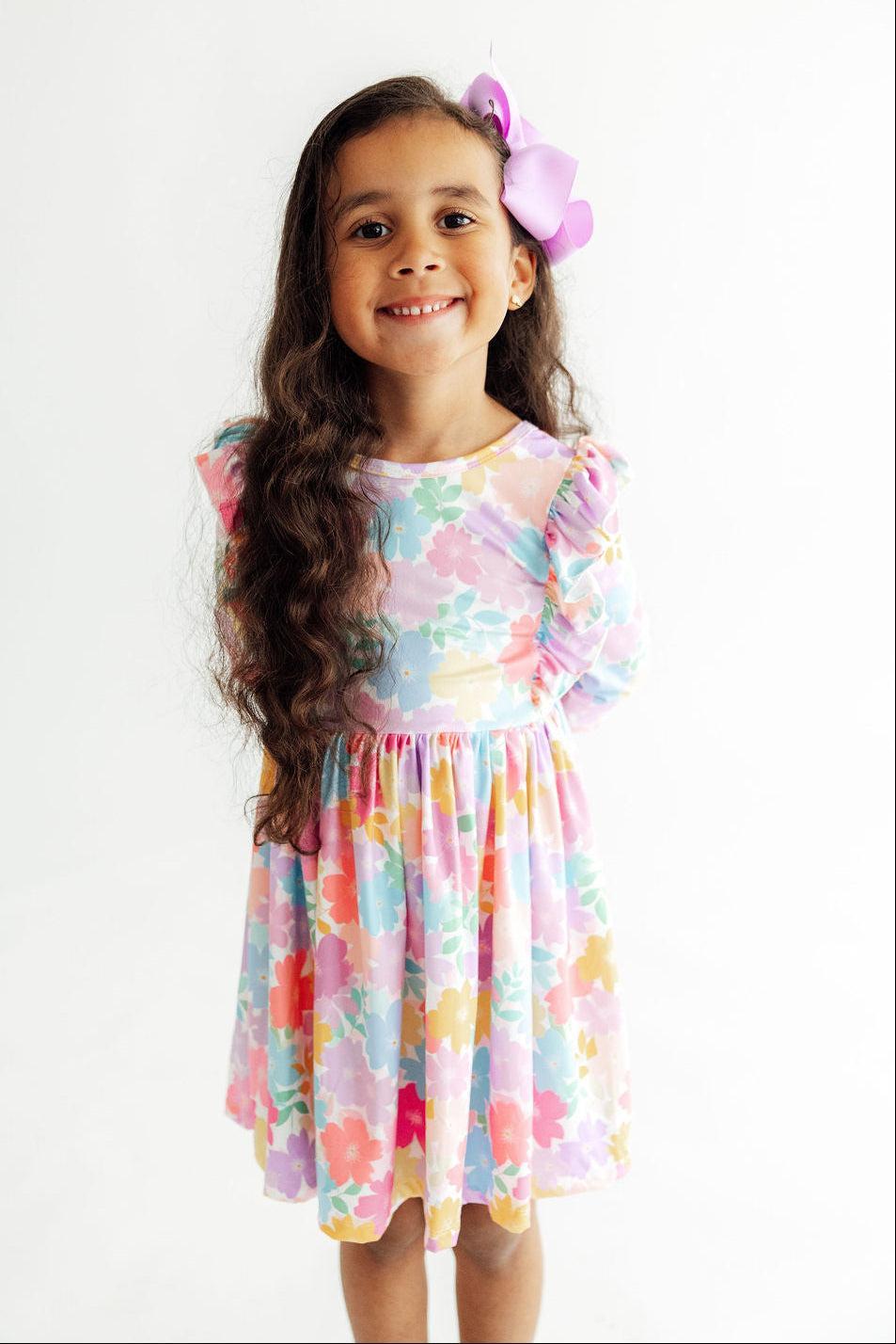 Colorful Carnations 3/4 Sleeve Ruffle Twirl Dress