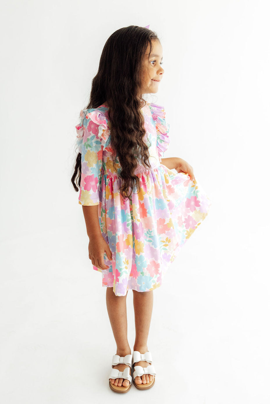 Colorful Carnations 3/4 Sleeve Ruffle Twirl Dress