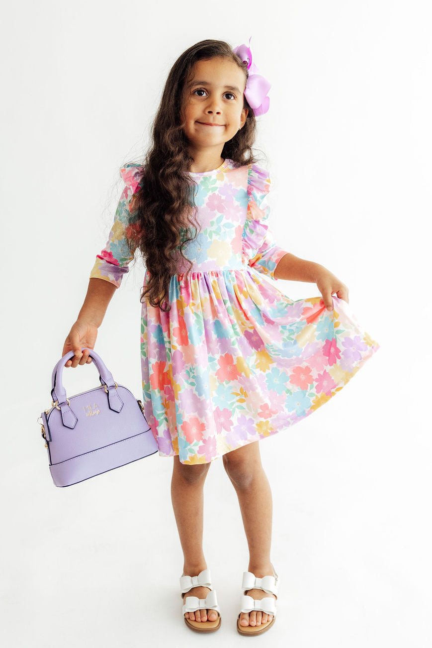 Colorful Carnations 3/4 Sleeve Ruffle Twirl Dress
