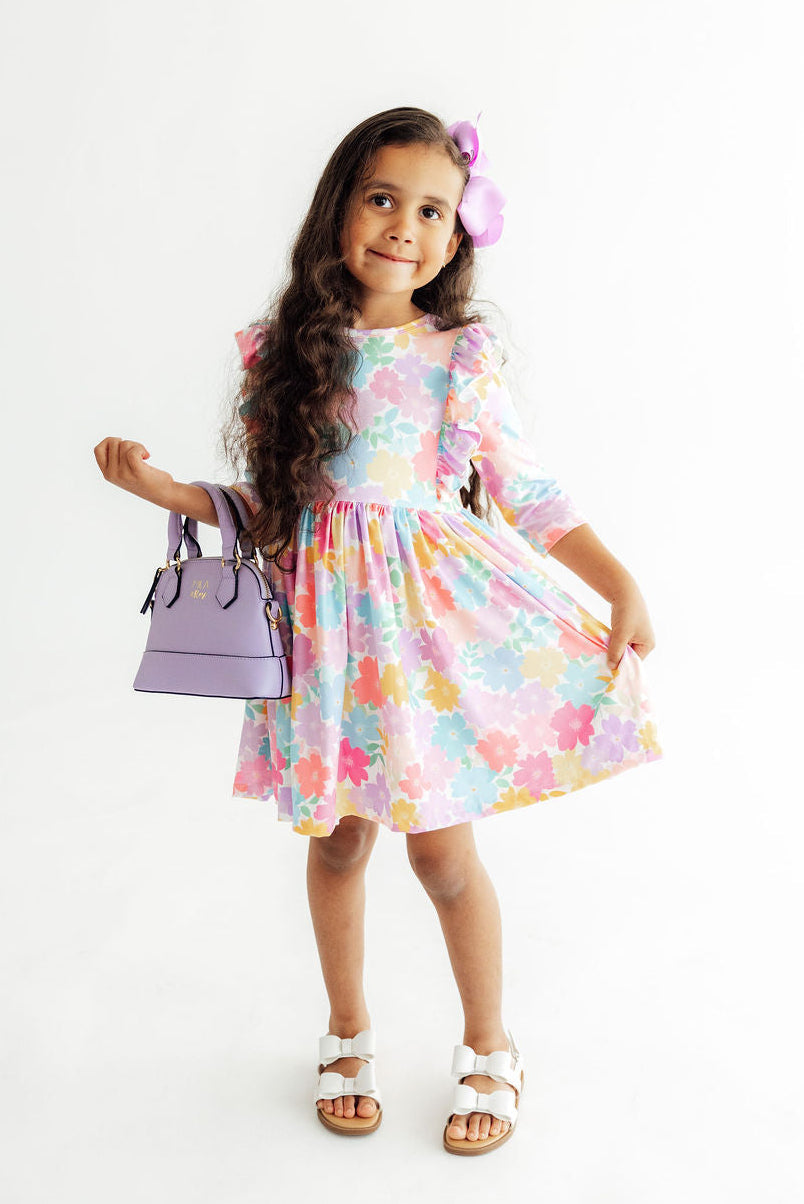 Colorful Carnations 3/4 Sleeve Ruffle Twirl Dress