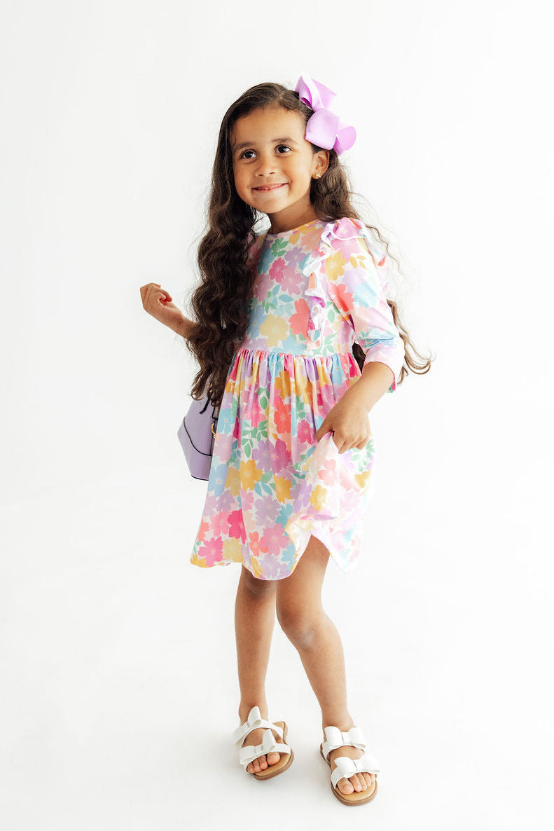 Colorful Carnations 3/4 Sleeve Ruffle Twirl Dress