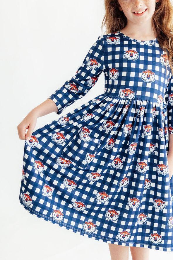 Auburn Plaid Aubie 3/4 Sleeve Pocket Twirl Dress