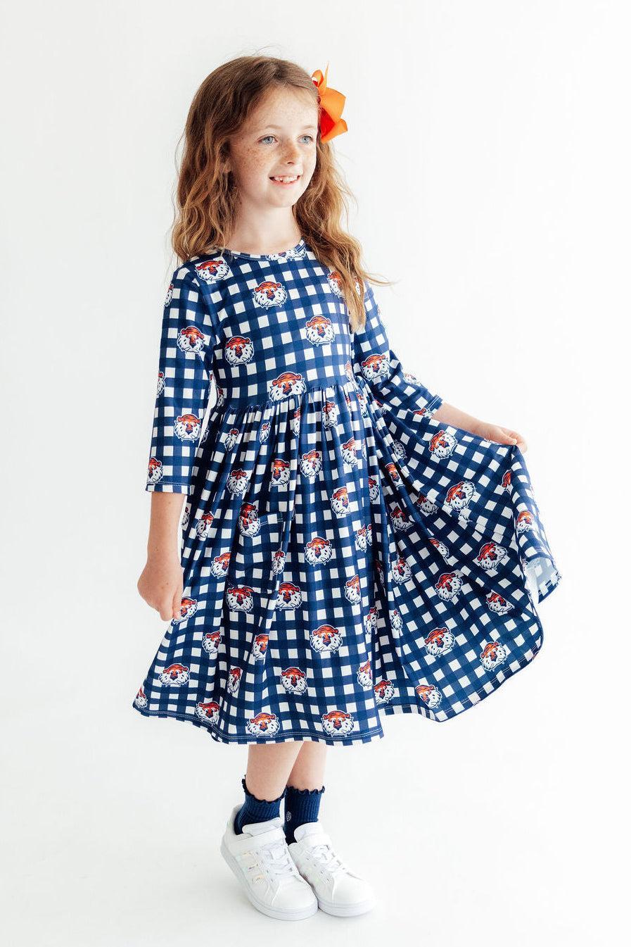Auburn Plaid Aubie 3/4 Sleeve Pocket Twirl Dress