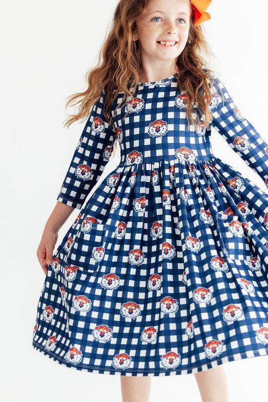 Auburn Plaid Aubie 3/4 Sleeve Pocket Twirl Dress