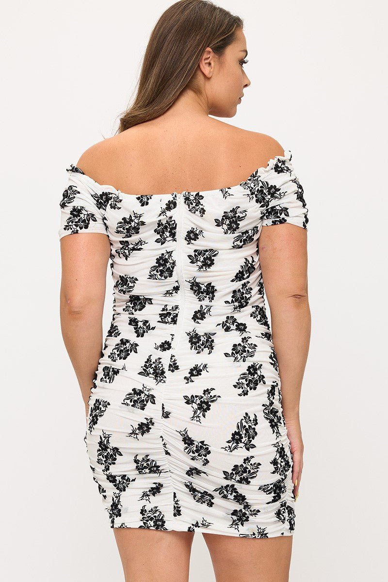 Monroe Muse Off-Shoulder Ruched Mini Dress – Plus Size Bodycon Dress
