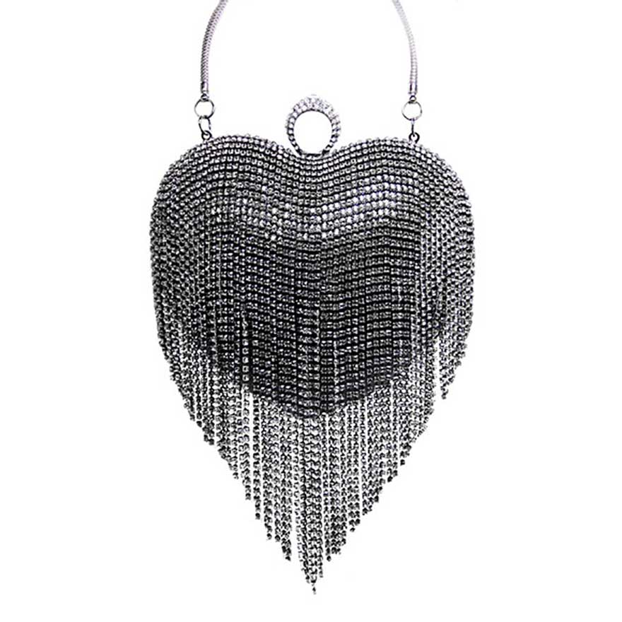 Rhinestone Fringe Heart Evening Tote Clutch Crossbody Bag - DRL Fashion | Women & Men's Clothing