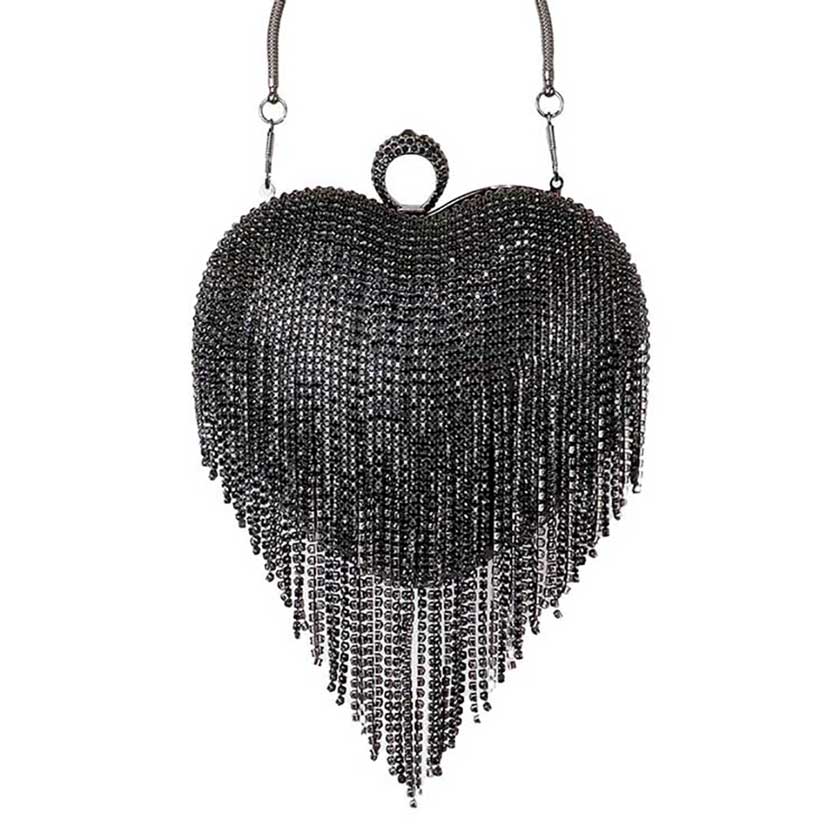 Rhinestone Fringe Heart Evening Tote Clutch Crossbody Bag - DRL Fashion | Women & Men's Clothing