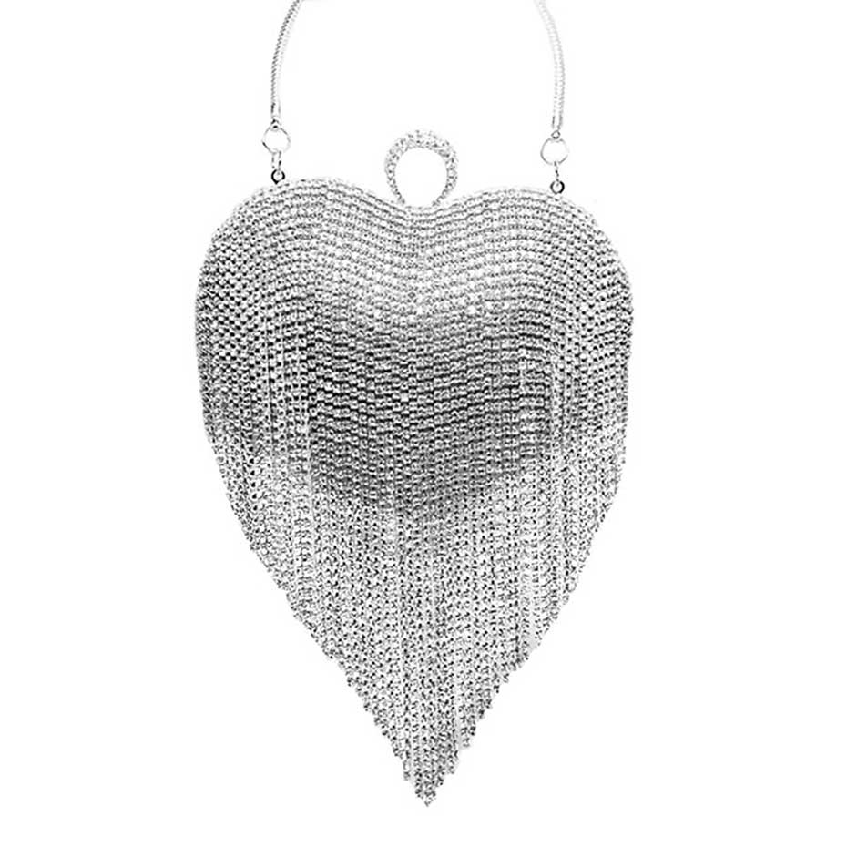 Rhinestone Fringe Heart Evening Tote Clutch Crossbody Bag - DRL Fashion | Women & Men's Clothing