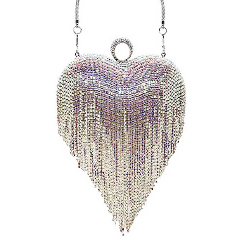Rhinestone Fringe Heart Evening Tote Clutch Crossbody Bag - DRL Fashion | Women & Men's Clothing