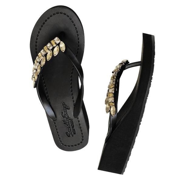 Smith - Gold Leaves Rhinestone Mid Wedge Flip Flops - DRL Fashion | Women & Men's Clothing